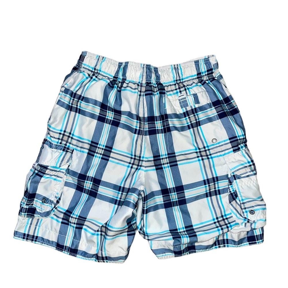 y2k op ocean pacific white & blue high rise plaid cargo board shorts swim trunks